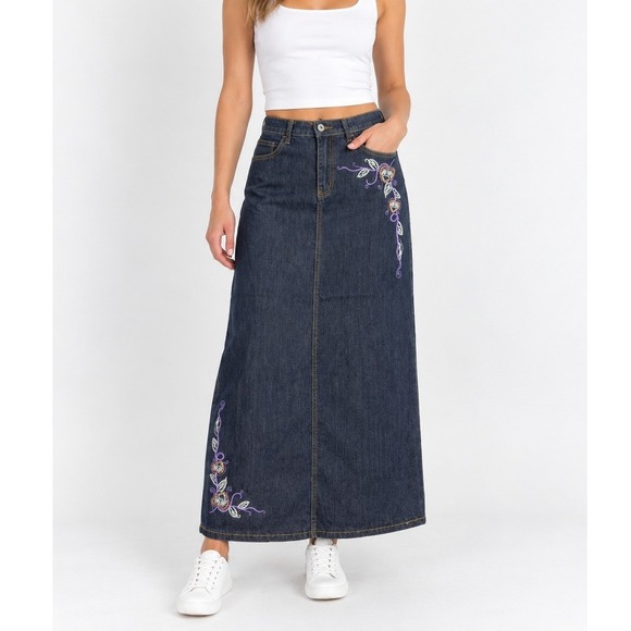 be-girl BASIC Dresses & Skirts - Be-Girl Basic Denim Maxi Skirt Womens M 7/8 Dark Wash Embroidered Heart Floral